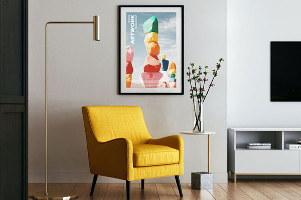 Front View Vertical Interior Artwork Frame Hanging on Wall Mockup