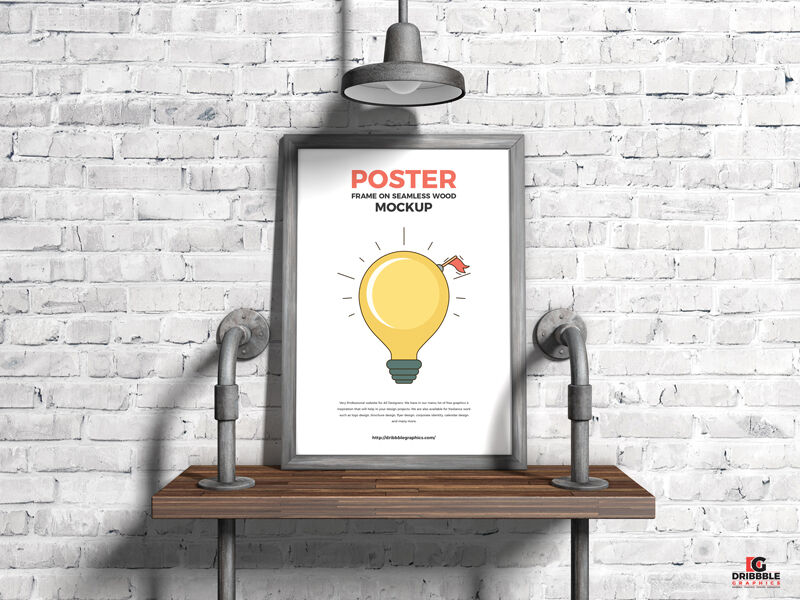 Front-View, Vertical Poster Frame on a Wooden Shelf Mockup
