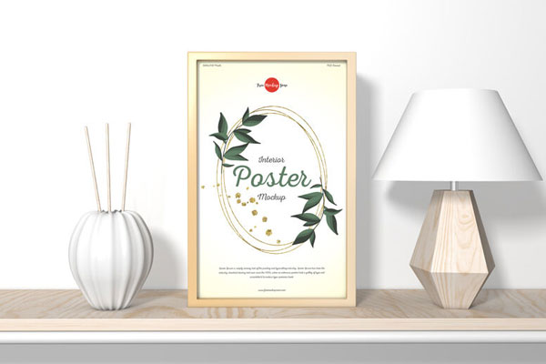 Front View Vertical Poster Frame on Table Mockup with Abajur