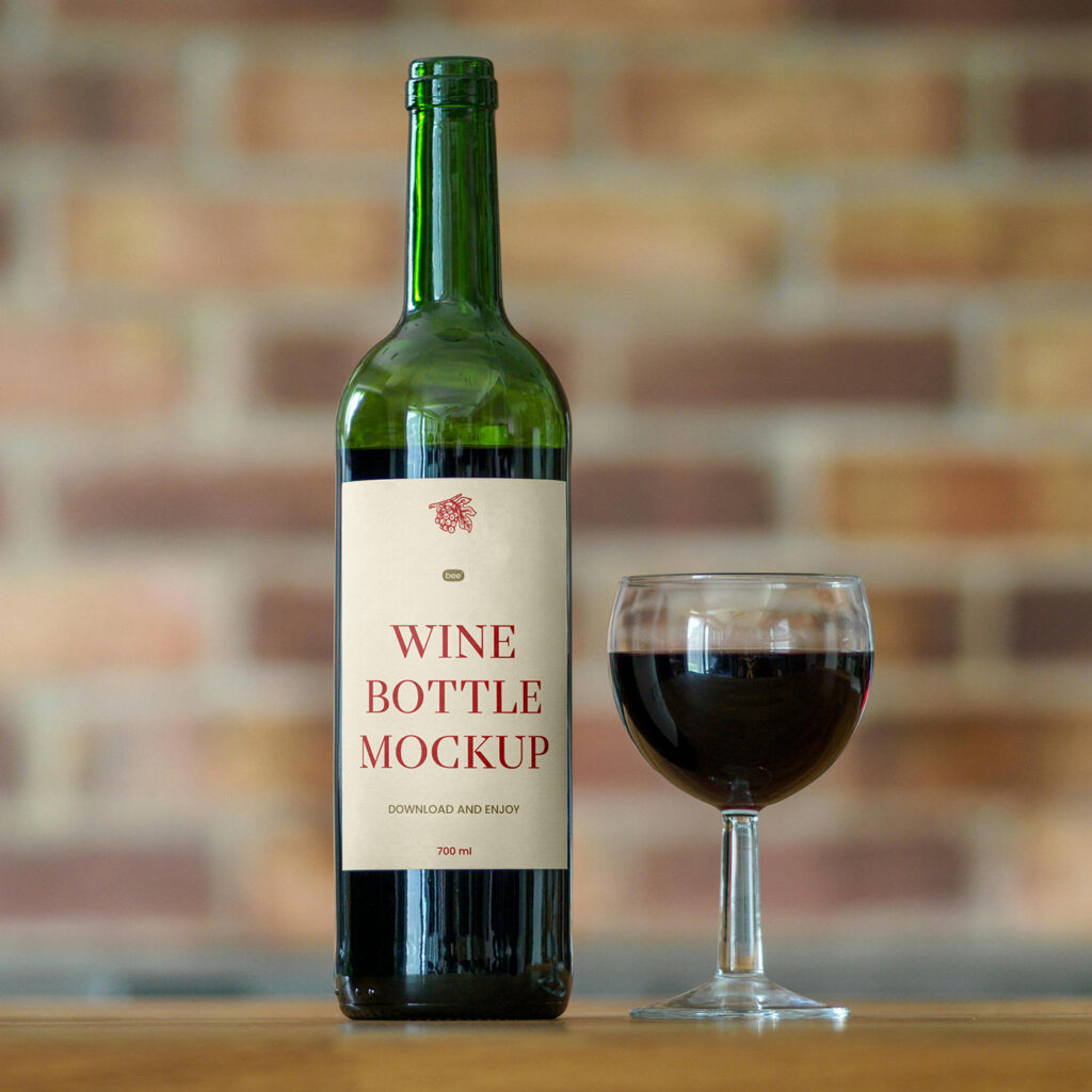 Front View Wine Bottle Label Mockup with Glass