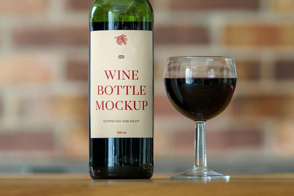 Front View Wine Bottle Label Mockup with Glass