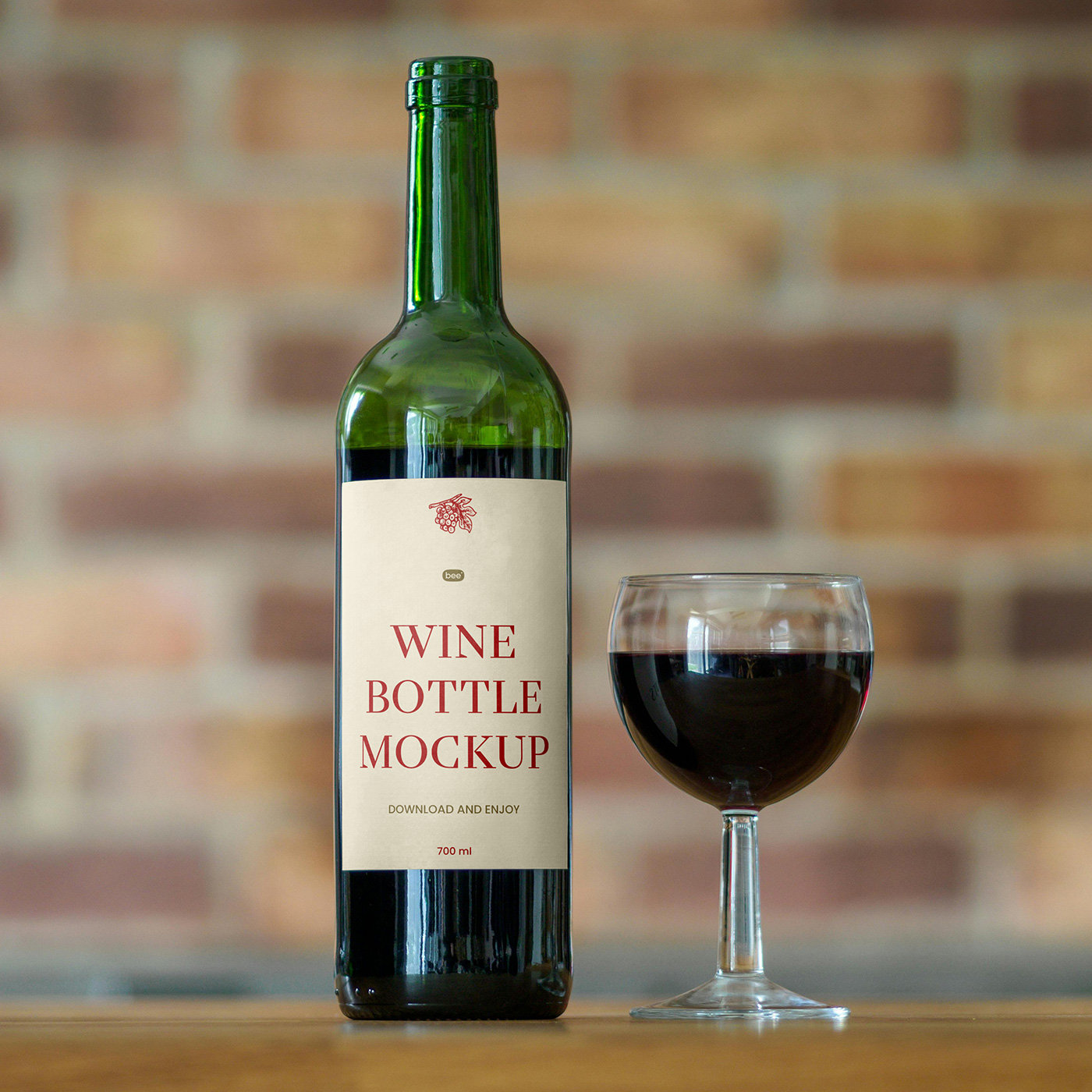 Front View Wine Bottle Label Mockup with Glass FREE PSD