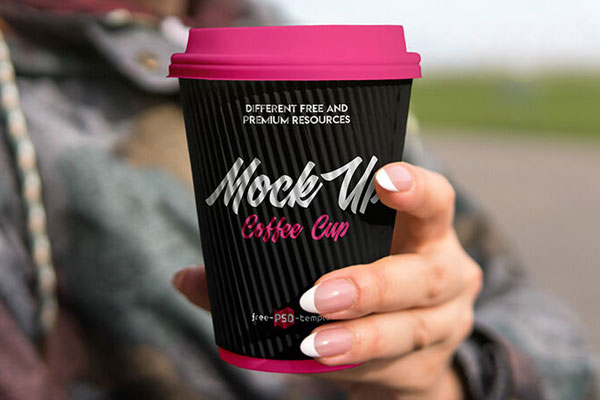 Front View Woman Holding Coffee Cup Mockup in Outdoors