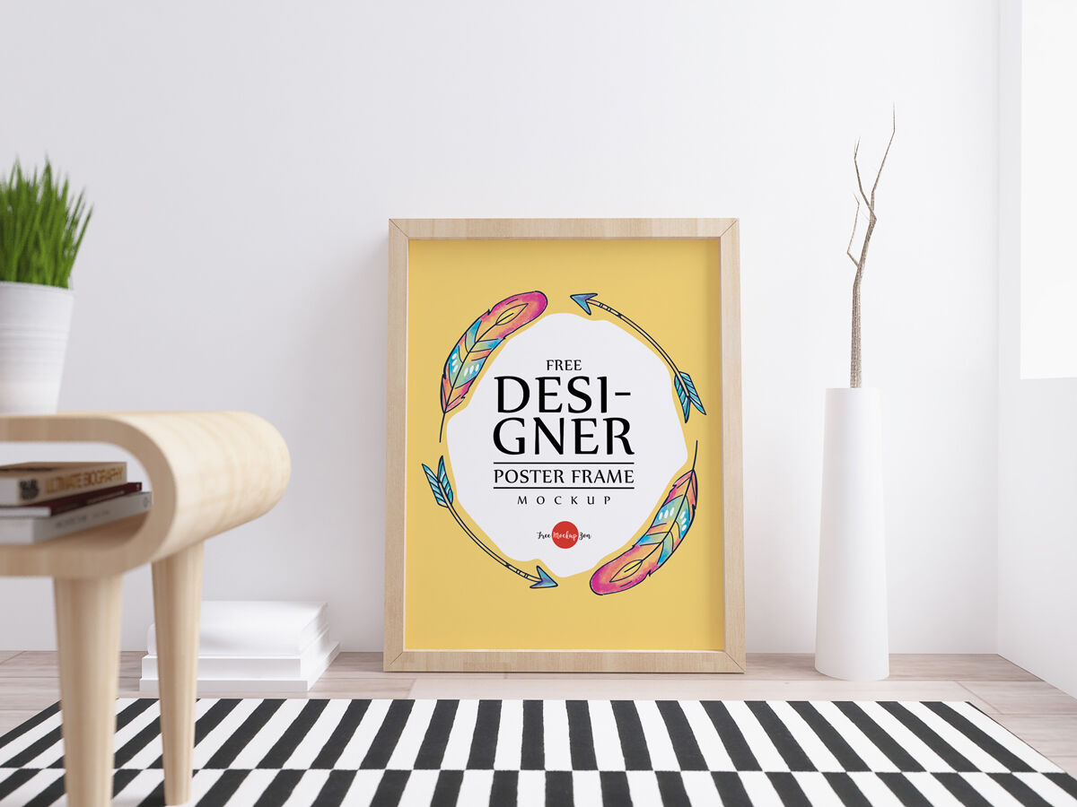Front View Wooden Poster Frame Against Wall Mockup Scene FREE PSD