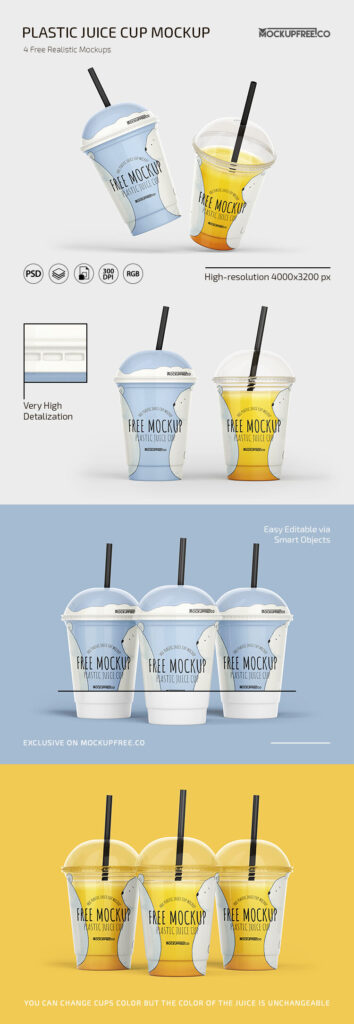 Front Views of 4 Plastic Juice Cup Mockups