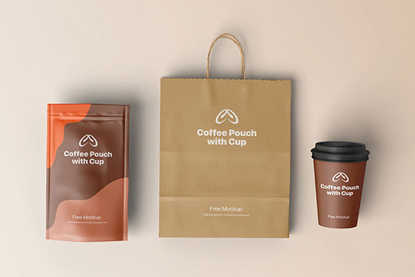 Front Vision of Coffee Pouch Mockup with Cup and Bag