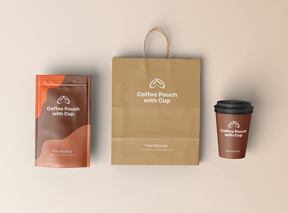 Front Vision of Coffee Pouch Mockup with Cup and Bag