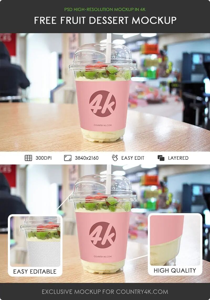 Fruit Cup Mockup on Table with Straw FREE PSD