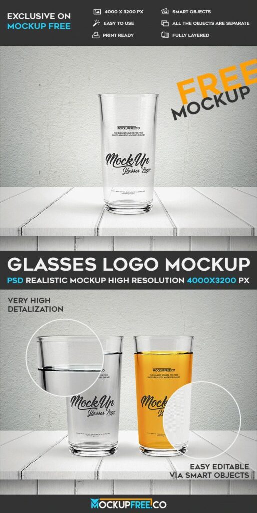 Full/Empty Glass of Water on a Wooden Surface Mockup