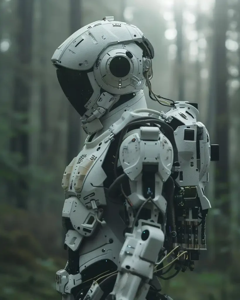 Futuristic Combat Robot in Forest