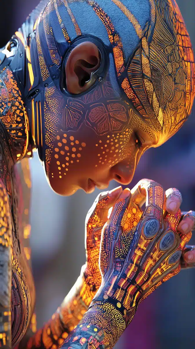 Futuristic Monk Tattooing Robots
