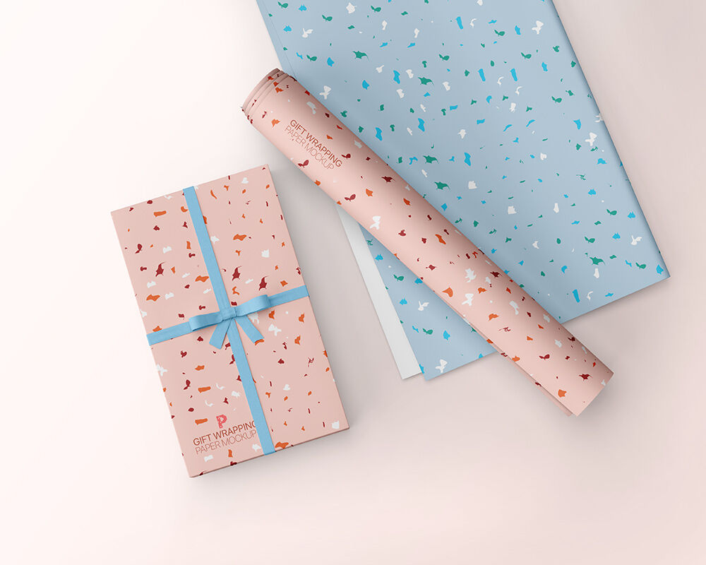 Gift Wrapping Paper Rolled and Flat Mockup with Wrapped Gift