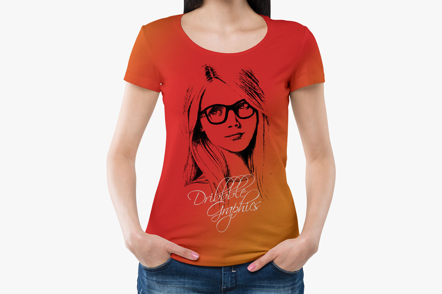 Girl Wearing Round Neck T-shirt Mockup with Hands in Pockets FREE PSD