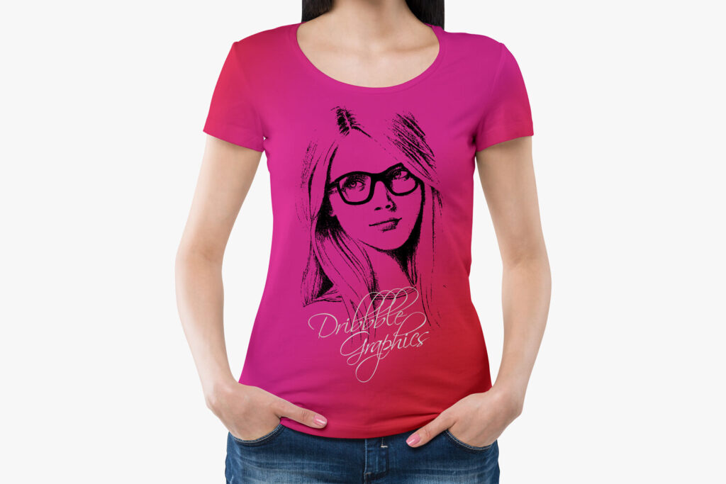 Girl Wearing Round Neck T-shirt Mockup with Hands in Pockets