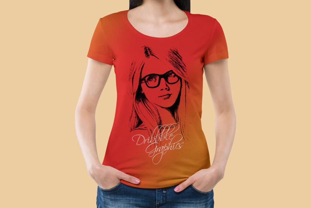 Girl Wearing Round Neck T-shirt Mockup with Hands in Pockets