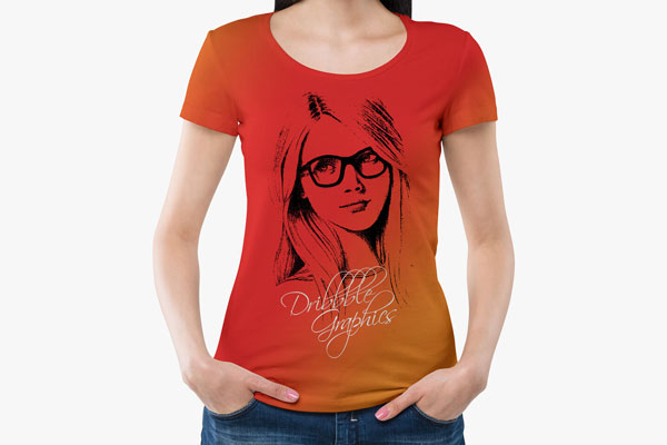 Girl Wearing Round Neck T-shirt Mockup with Hands in Pockets
