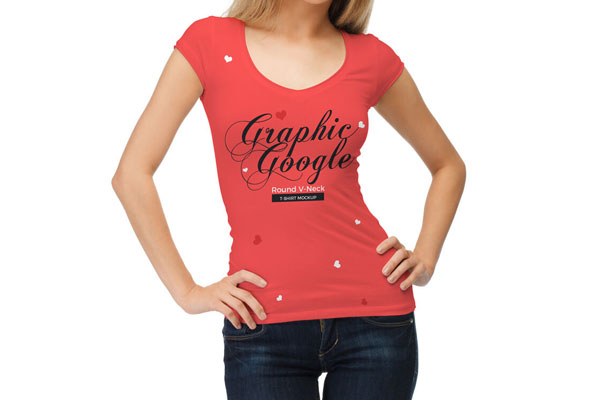 Girl Wearing Round V-neck T-shirt Mockup