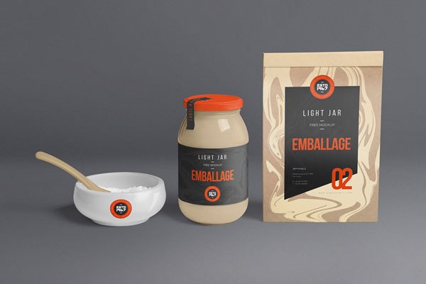 Glass Jar Mockup Featuring a Bowl and a Paper Bag in Front View