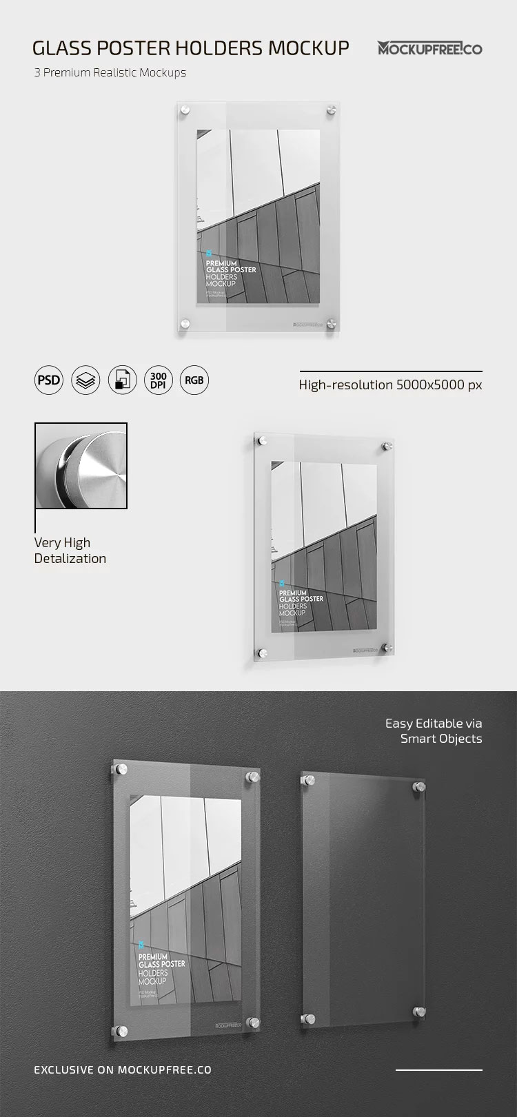 Free Glass Poster Holders Mockup in 3 Views PSD Template