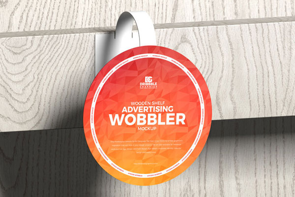 Half-Side View, Round Shelf Wobbler Attached to Wooden Shelf Mockup