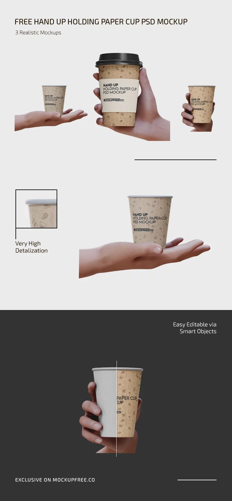 Free Hand Holding Paper Coffee Cup Mockup in 3 Sights PSD Template