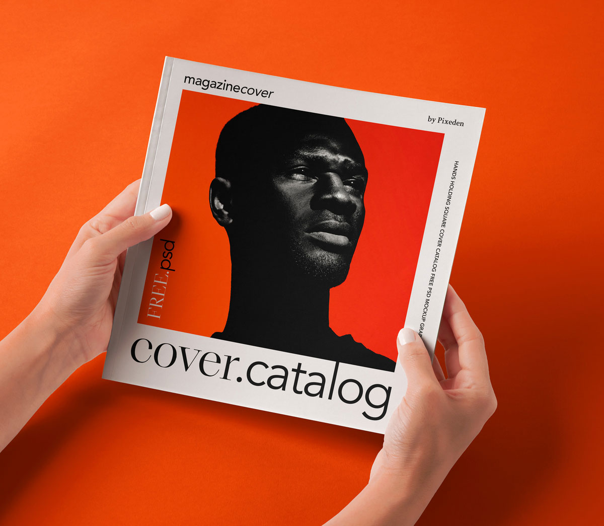 Free Hands Holding Square Catalog Mockup in Perspective View PSD Template