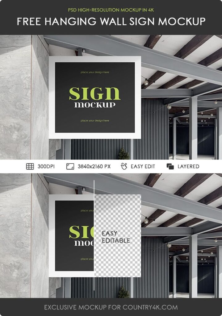 Hanging Wall Sign Mockup in Facing View