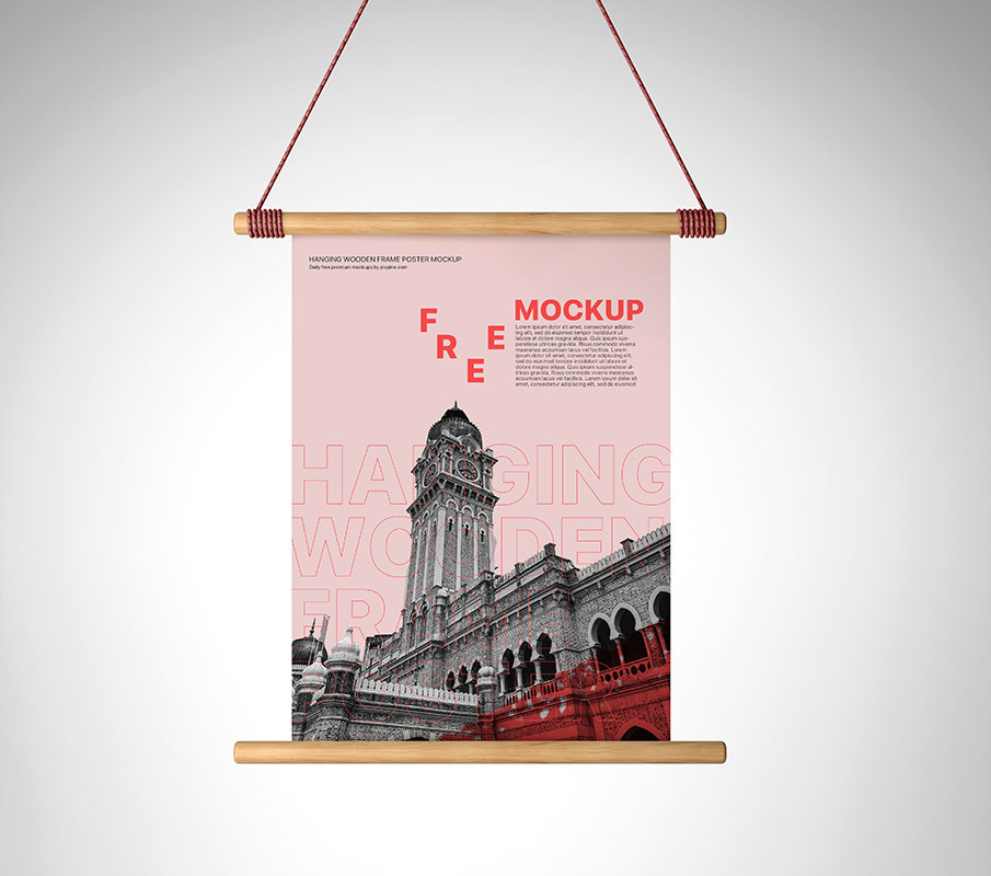 Hanging Wooden Frame Poster Mockup in Front View