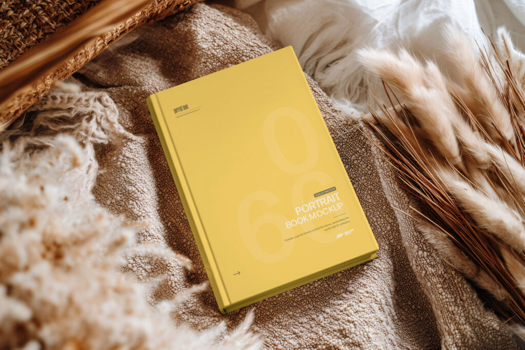 Hardcover Book Cover Mockup on Cozy Fabric Scene