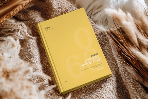 Hardcover Book Cover Mockup on Cozy Fabric Scene