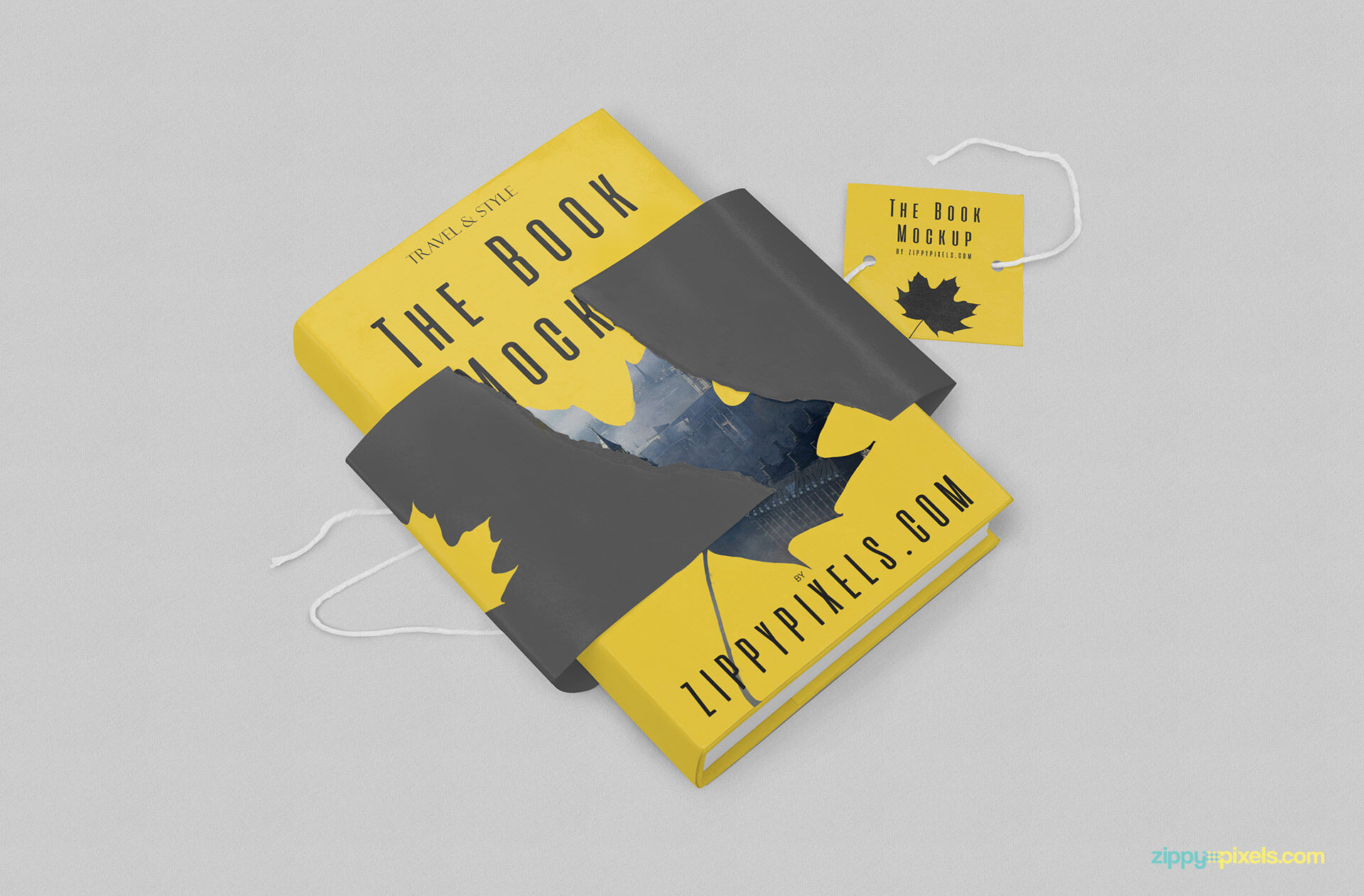 Hardcover Book With Torn Special Wrapping Plus a Tag Mockup FREE PSD