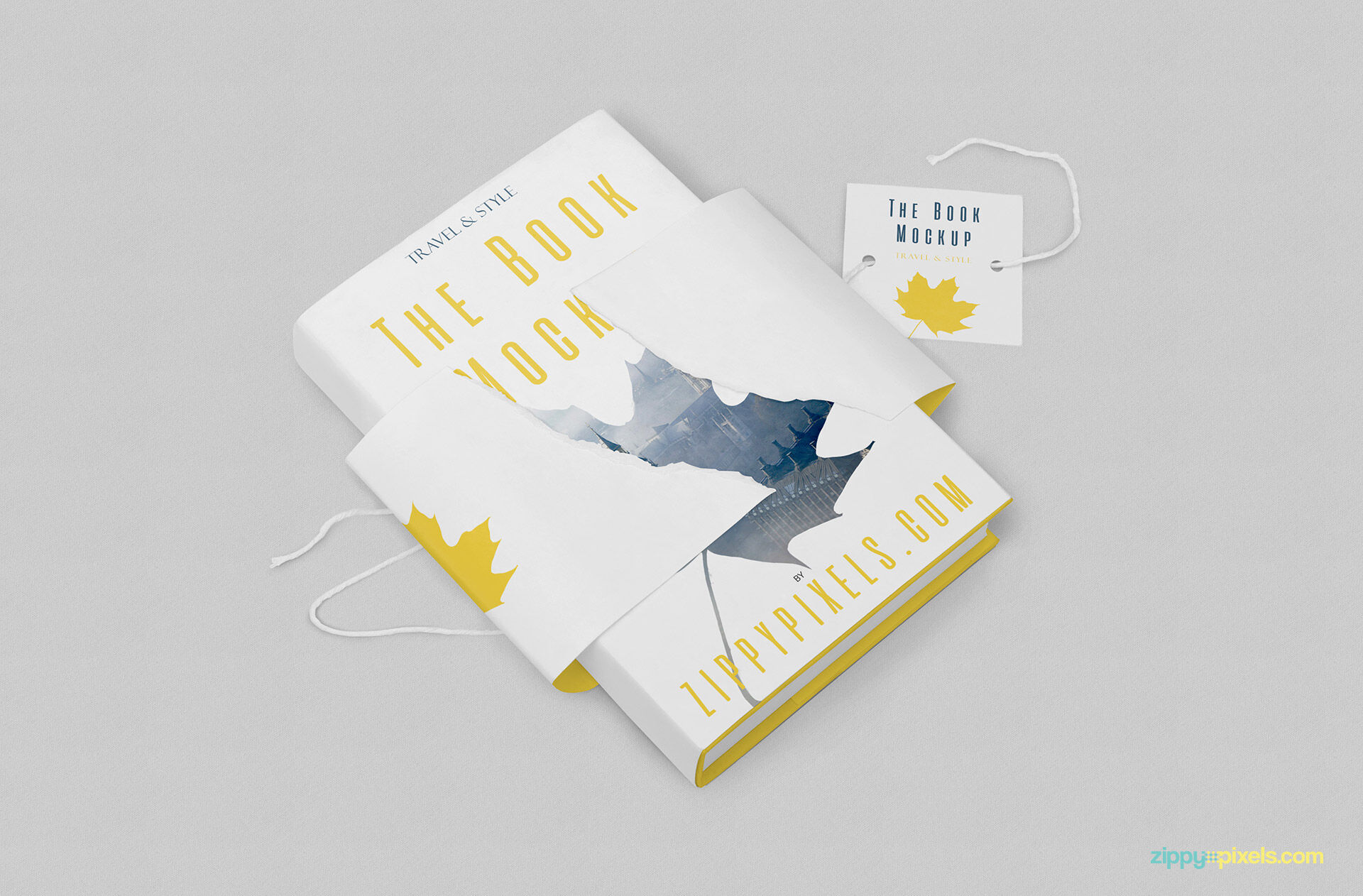Hardcover Book With Torn Special Wrapping Plus a Tag Mockup FREE PSD