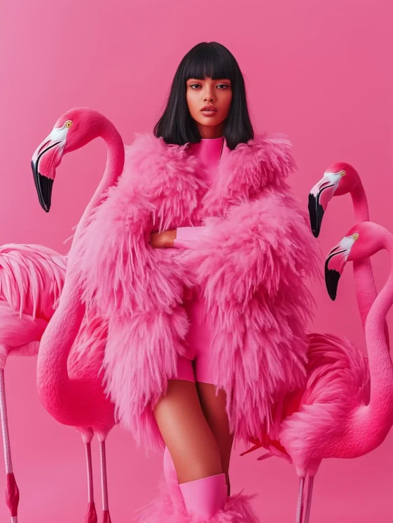 High Fashion Girl with Flamingos