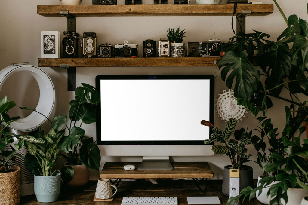 Home Office iMac with Plants Mockup