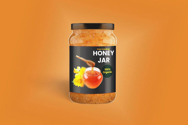 Honey Jar in Shrink Sleeve Standing in the Front View Mockup