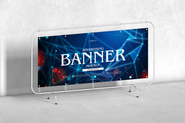 Horizontal Advertising Banner Frame Mockup in Front of Wall