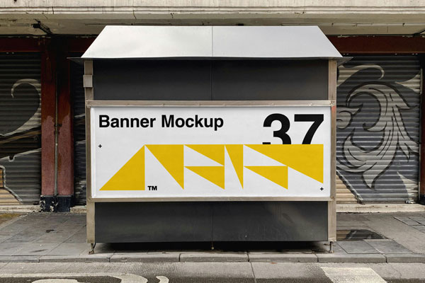 Horizontal Banner on Newspaper Stand Mockup in Front Angle