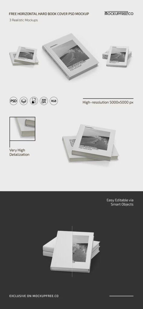 Horizontal Hard Book Cover Mockup in 3 Sights