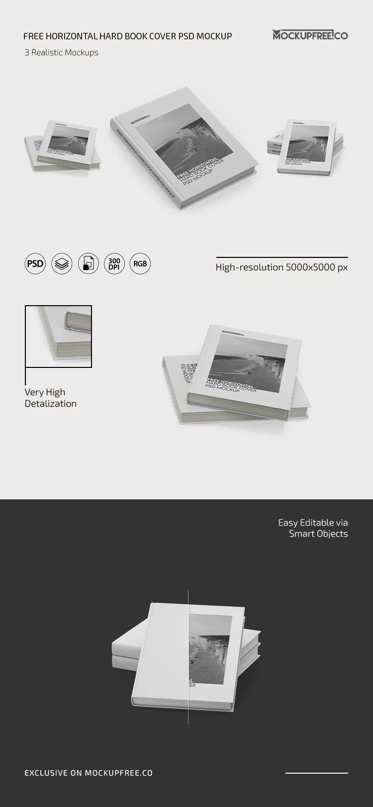 Free Horizontal Hard Book Cover Mockup in 3 Sights PSD Template
