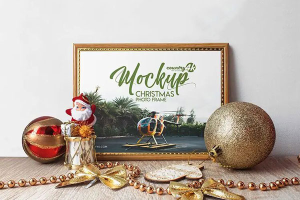 Horizontal Photo Frame Mockup Front View Featuring Santa Claus and Christmas Elements