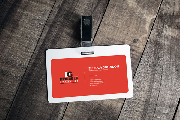 Horizontal, Plastic ID Card\ Badge with the Badge Clip in the Overhead View Mockup
