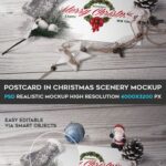 Horizontal Postcard Laid in Perspective Along with Christmas Ornaments Mockup