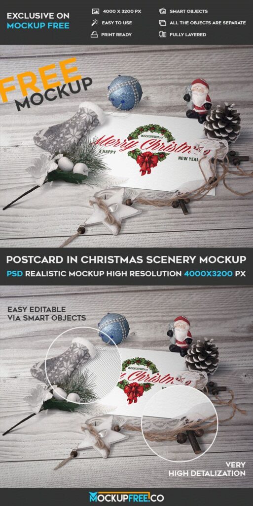 Horizontal Postcard Laid in Perspective Along with Christmas Ornaments Mockup