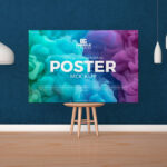 Horizontal Poster Canvas on Wooden Stool Mockup in Indoor Setting