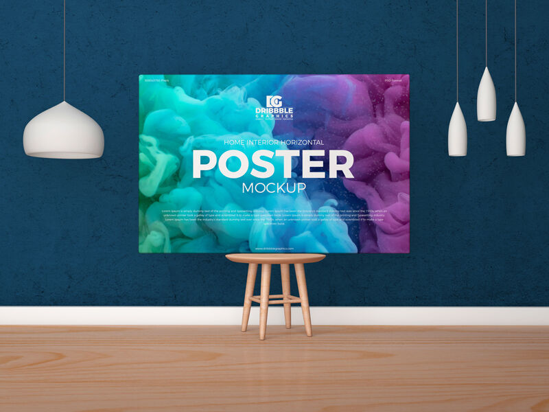 Horizontal Poster Canvas on Wooden Stool Mockup in Indoor Setting