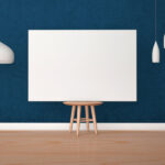 Horizontal Poster Canvas on Wooden Stool Mockup in Indoor Setting
