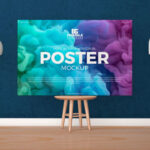 Horizontal Poster Canvas on Wooden Stool Mockup in Indoor Setting