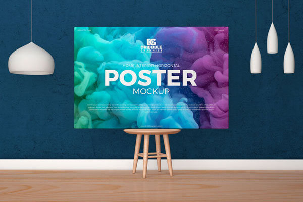 Horizontal Poster Canvas on Wooden Stool Mockup in Indoor Setting