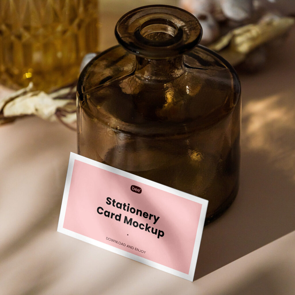 Horizontal Stationery Card Mockup with Vase in Perspective View