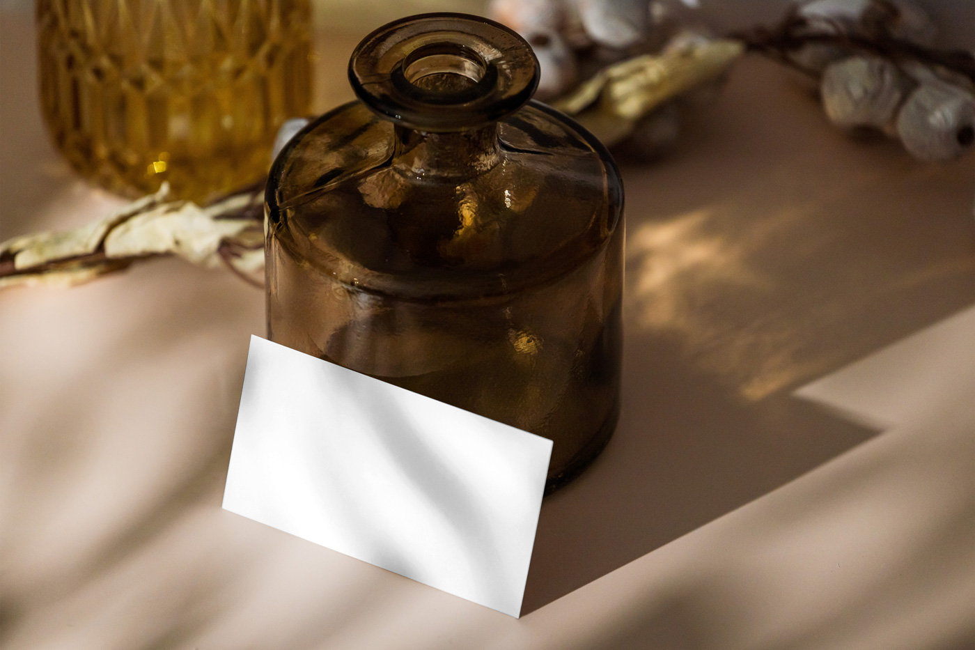 Horizontal Stationery Card Mockup with Vase in Perspective View FREE PSD